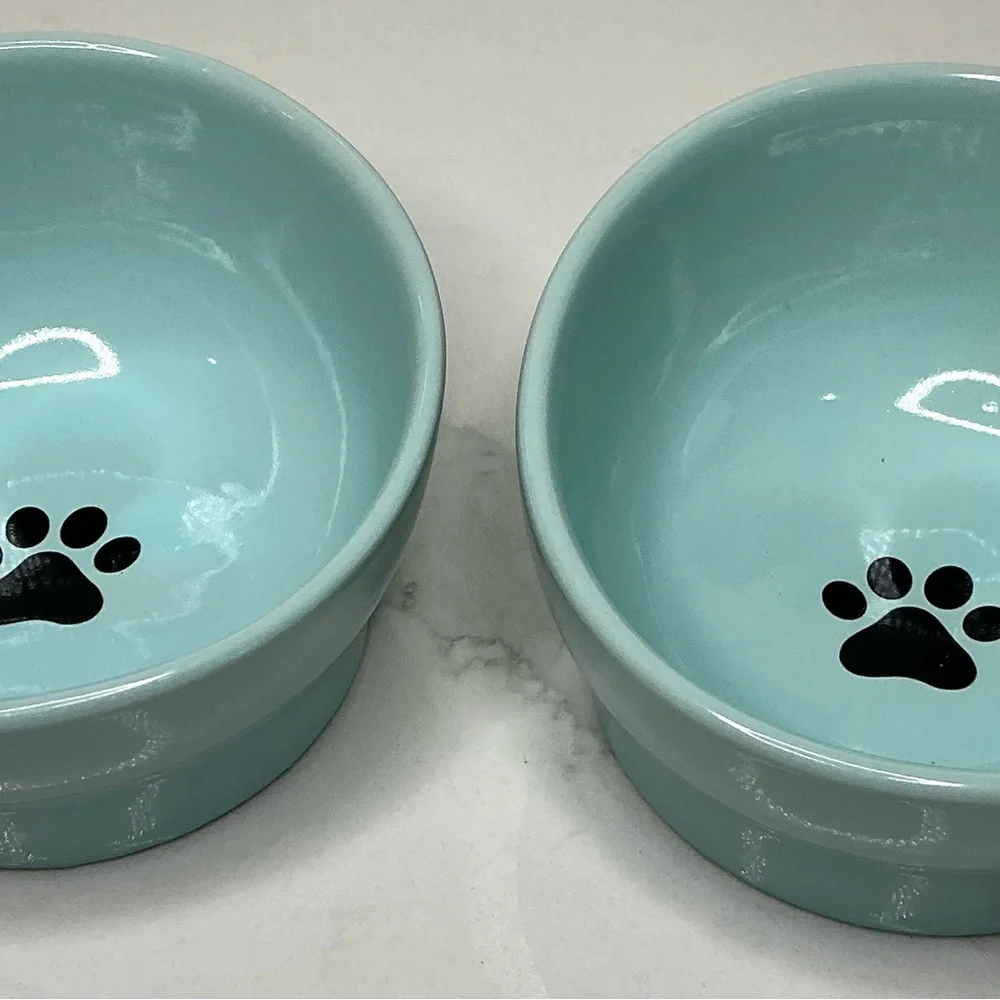 2 Fido’s Pet Bowls Elevated Blue Dog Cat Food/Water Bowls 1 Cup Capacity Paws